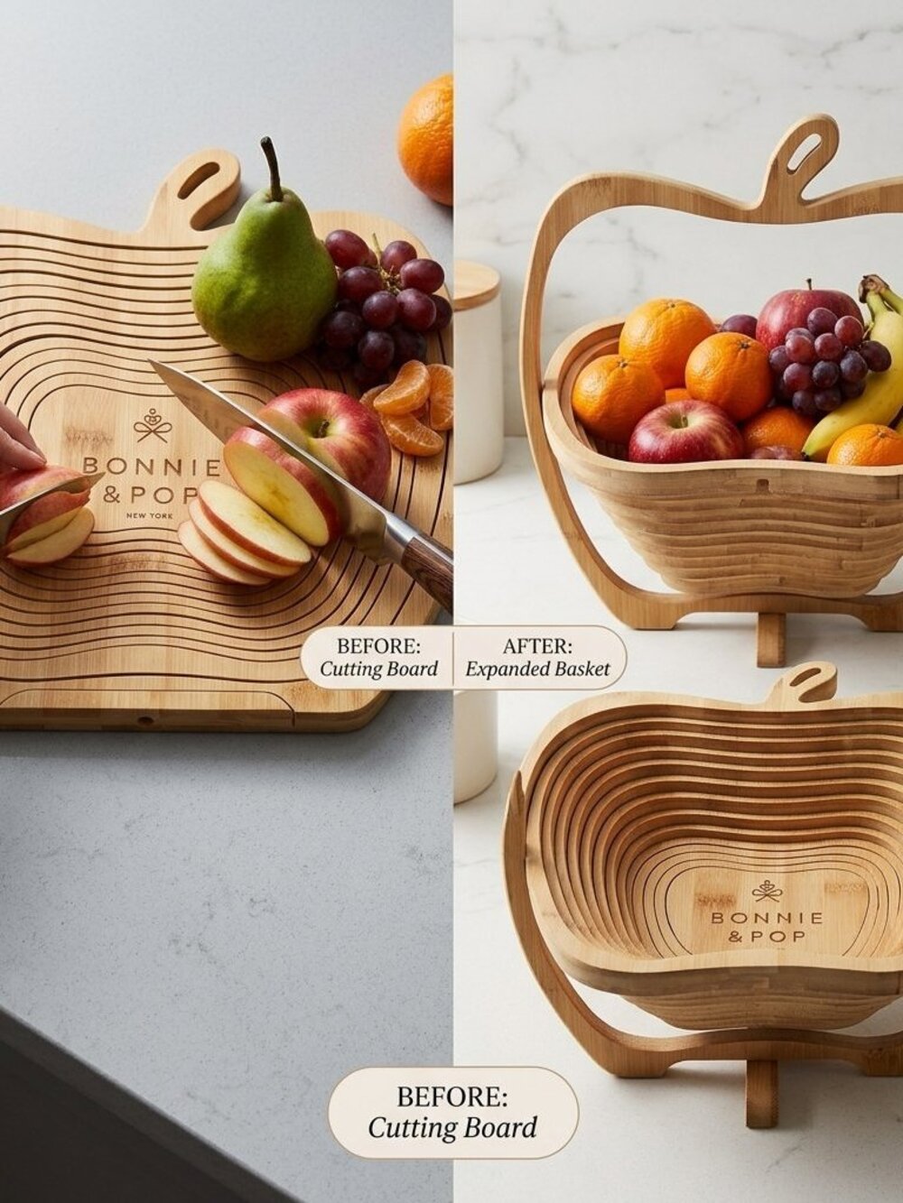 Bonnie & Pop Apple Collapsible Bamboo Fruit Basket & Cutting Board